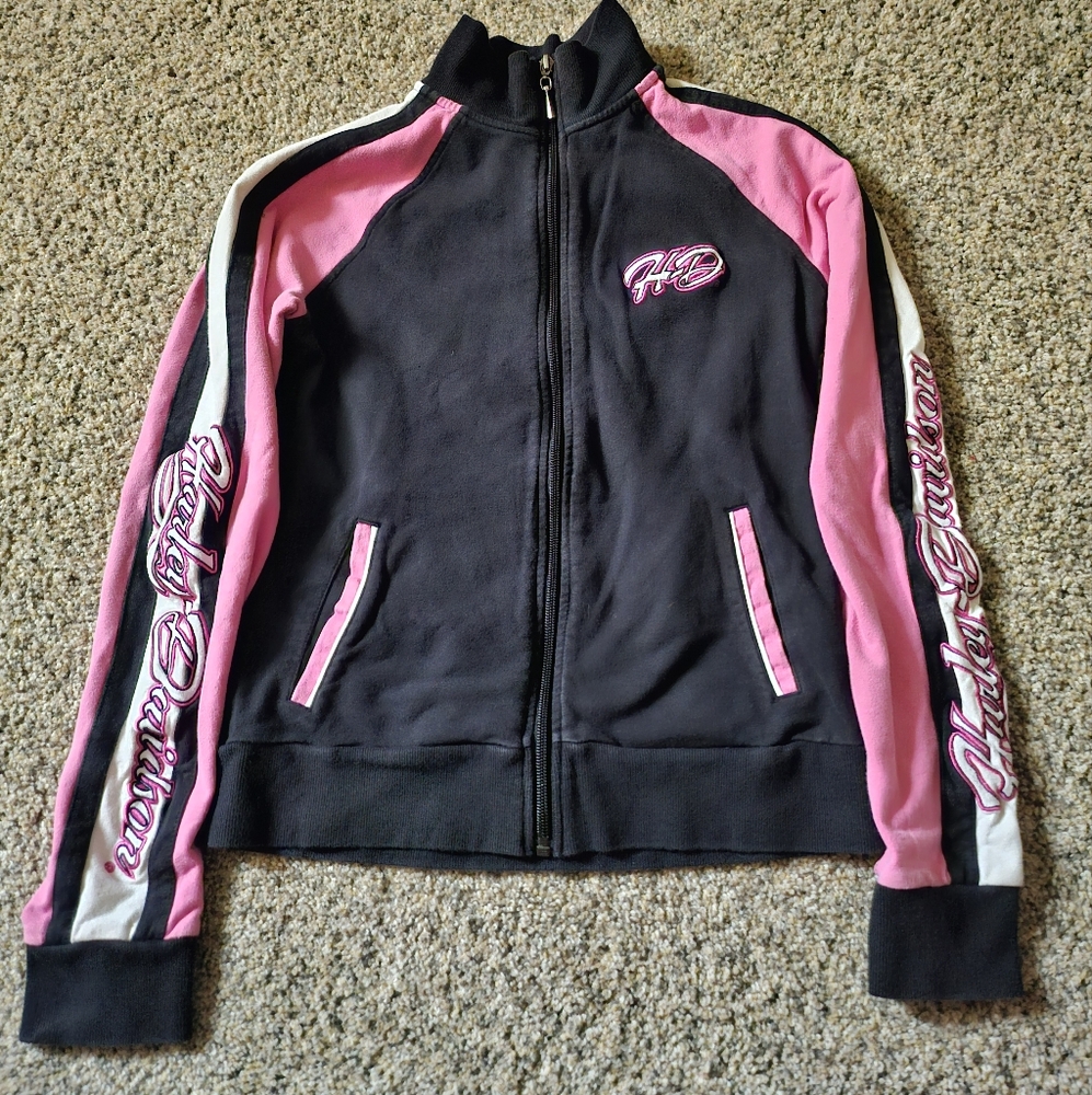 Harley-Davidson Black and Pink Bomber Jacket with Stand-up Collar
